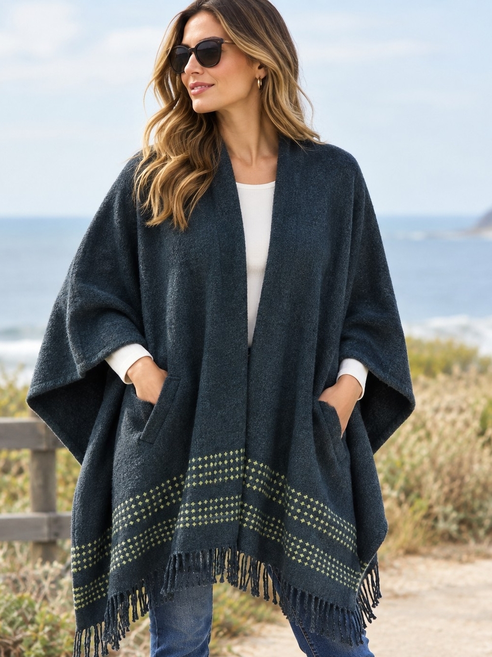 MERSEA Mer-Sea Fringe Poncho Cape Wrap Blue Green Pockets Coastal One Size